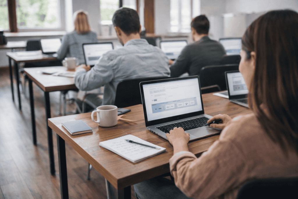 In einem Klassenzimmer sitzen Menschen an Tischen und arbeiten mit Laptops. Auf den Tischen liegen Notizbücher, Kaffeebecher und Papiere. Der Raum hat Holzböden und große Fenster.