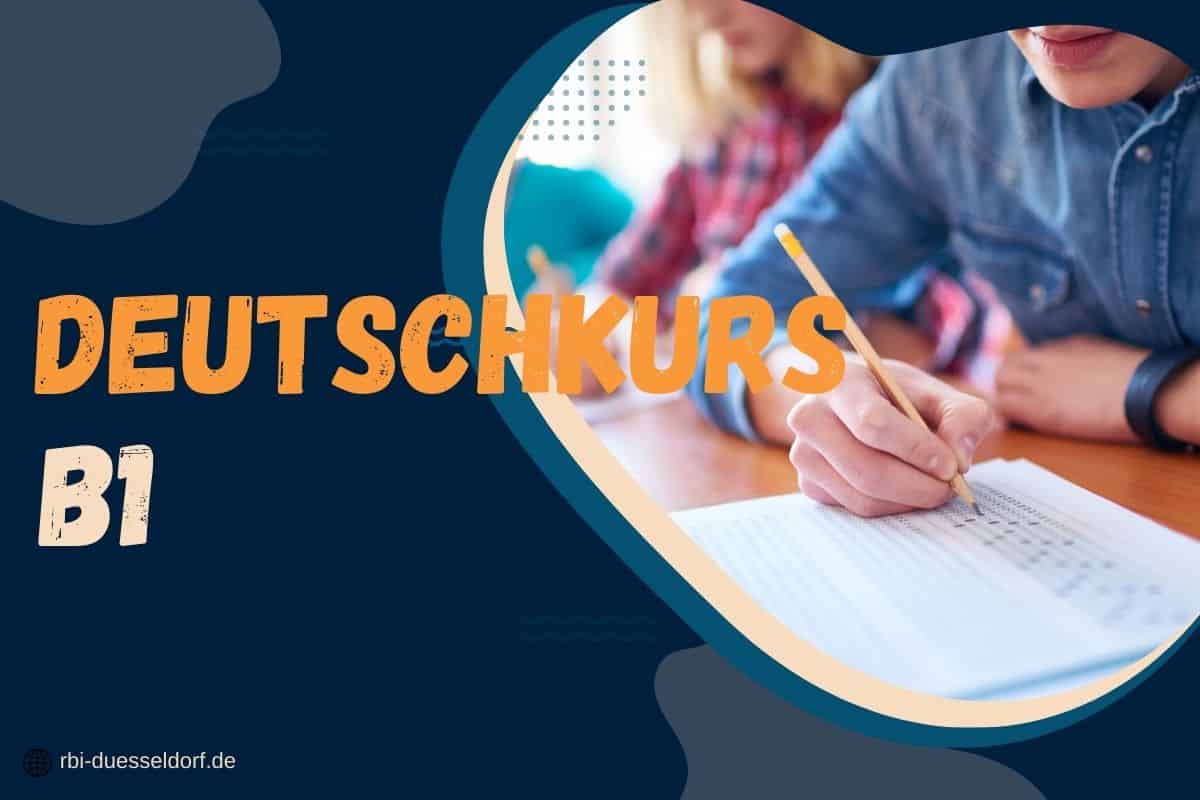 nahaufnahme einer person, die in ein notizbuch auf einem schreibtisch schreibt. auf einem dunklen hintergrund sind die texte „deutschkurs b1“ und „deutschkurs a2“ deutlich zu sehen. die website url „rbi duesseldorf.de“ befindet sich in der unteren linken ecke.