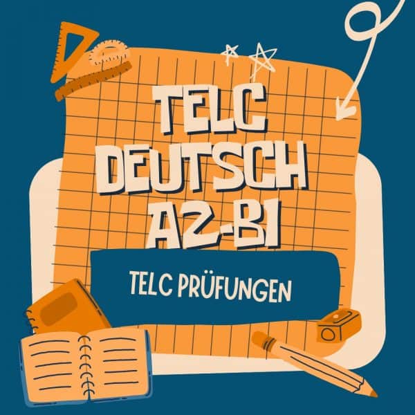 Illustration Mit Text „telc Deutsch A2 B1, Telc Prüfungen“ Umgeben Von Schulmaterialien Wie Notizbuch, Bleistift Und Lineal Auf Einem Gitterhintergrund, Perfekt Zur Vorbereitung Auf Ihre Sprachprüfung.