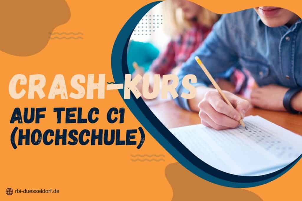 Eine gruppe von menschen ist konzentriert damit beschäftigt, vor einem orangefarbenen hintergrund zu schreiben. darauf steht der text: „crash kurs auf telc c1 hochschule.“.