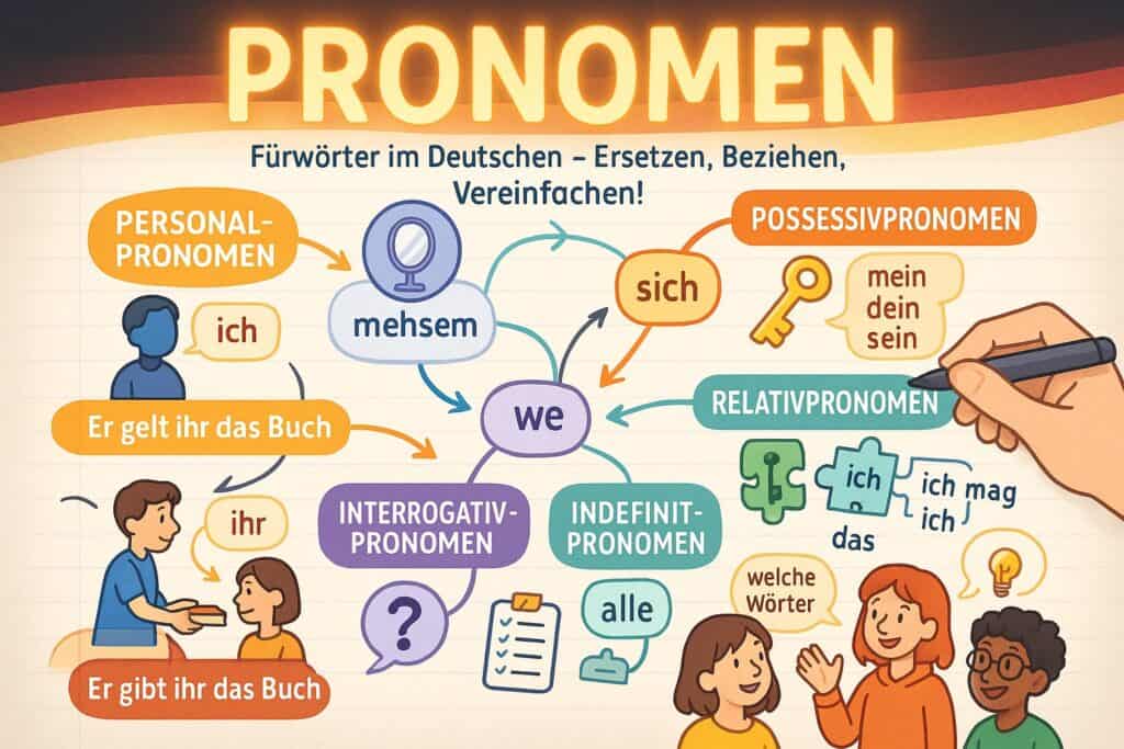 Eine farbenfrohe infografik erklärt pronomen in der deutschen grammatik mit beispielen und illustrationen für personal , possessiv , relativ , interrogativ und unbestimmte pronomen.