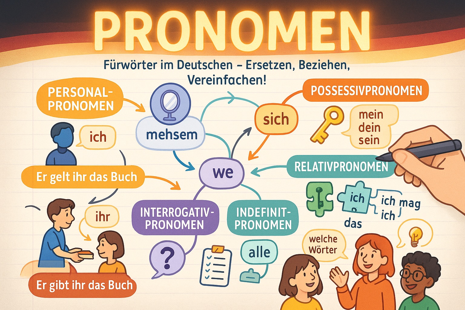 Eine farbenfrohe infografik erklärt pronomen in der deutschen grammatik mit beispielen und illustrationen für personal , possessiv , relativ , interrogativ und unbestimmte pronomen.