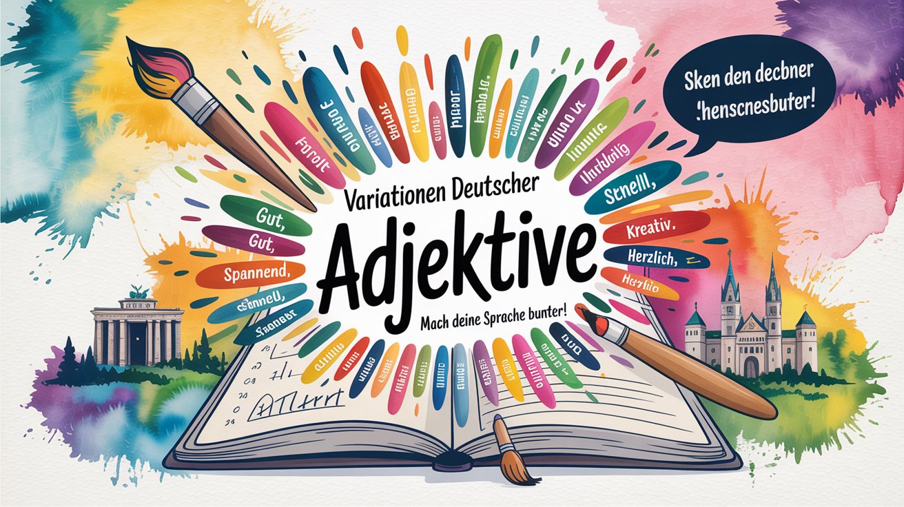Ein aufgeschlagenes buch mit farbenfrohen spritzern und variationen deutscher adjektive, die nach außen strahlen, umgeben von künstlerischen werkzeugen und orientierungspunkten, die den kreativen gebrauch von sprache und anschaulicher sprache fördern.