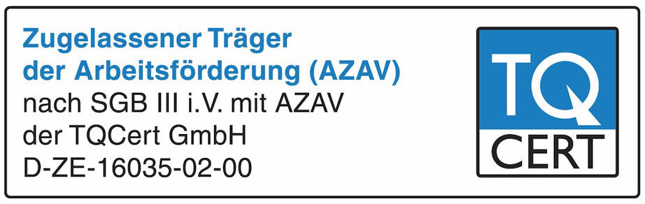 Zertifizierungsplakette "zugelassener träger der arbeitsförderung (azav)" der tqcert gmbh mit der referenznummer d ze 16035 02 00 und sgb iii/azav konformität.