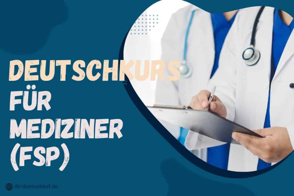Zwei Ärzte in laborkitteln mit stethoskopen begutachten ein klemmbrett neben einem text mit der aufschrift "deutschkurs für mediziner (fsp) ideal für teilnehmer ab deutschkurs a1".