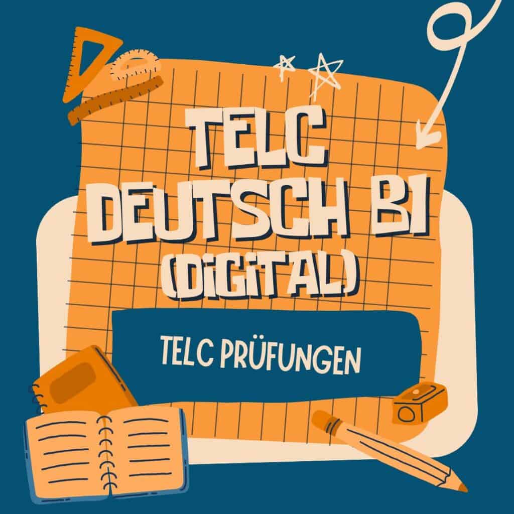 Grafik mit fettgedrucktem text "telc deutsch b1 digital (telc prüfungen)", mit abbildungen von notizbuch, bleistift, lineal, winkelmesser, kamera und geometrischen formen.