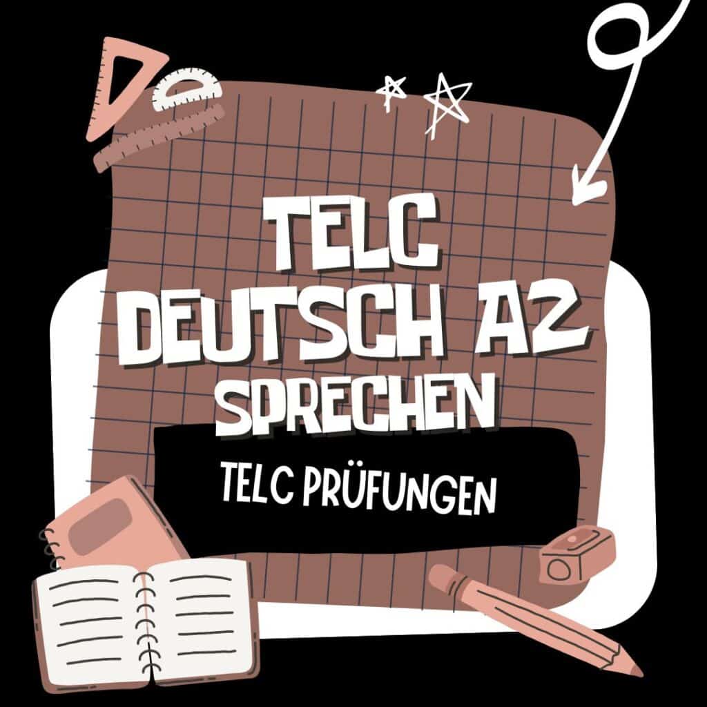 Illustration mit dem Text "telc Deutsch A2 Sprechen TELC Prüfungen", mit Schulutensilien wie Notizbuch, Bleistift, Winkelmesser und geometrischen Formen auf einem gitterartigen Hintergrund perfekt für die Vorbereitung auf die telc A2 Prüfung.