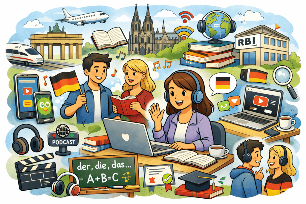 Illustration von Menschen, die verschiedene digitale Tools und Deutsch Ressourcen nutzen, um Deutsch zu lernen, umgeben von deutschen Wahrzeichen, Flaggen, Büchern und Online Mediensymbolen.