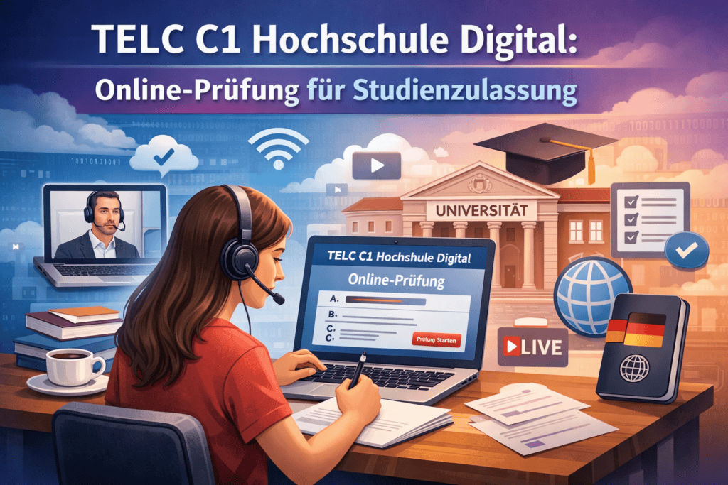 Eine Frau sitzt an einem Schreibtisch und nimmt die TELC C1 Hochschule Online Prüfung für Studienzulassung ab, mit pädagogischen und digitalen Symbolen im Hintergrund.