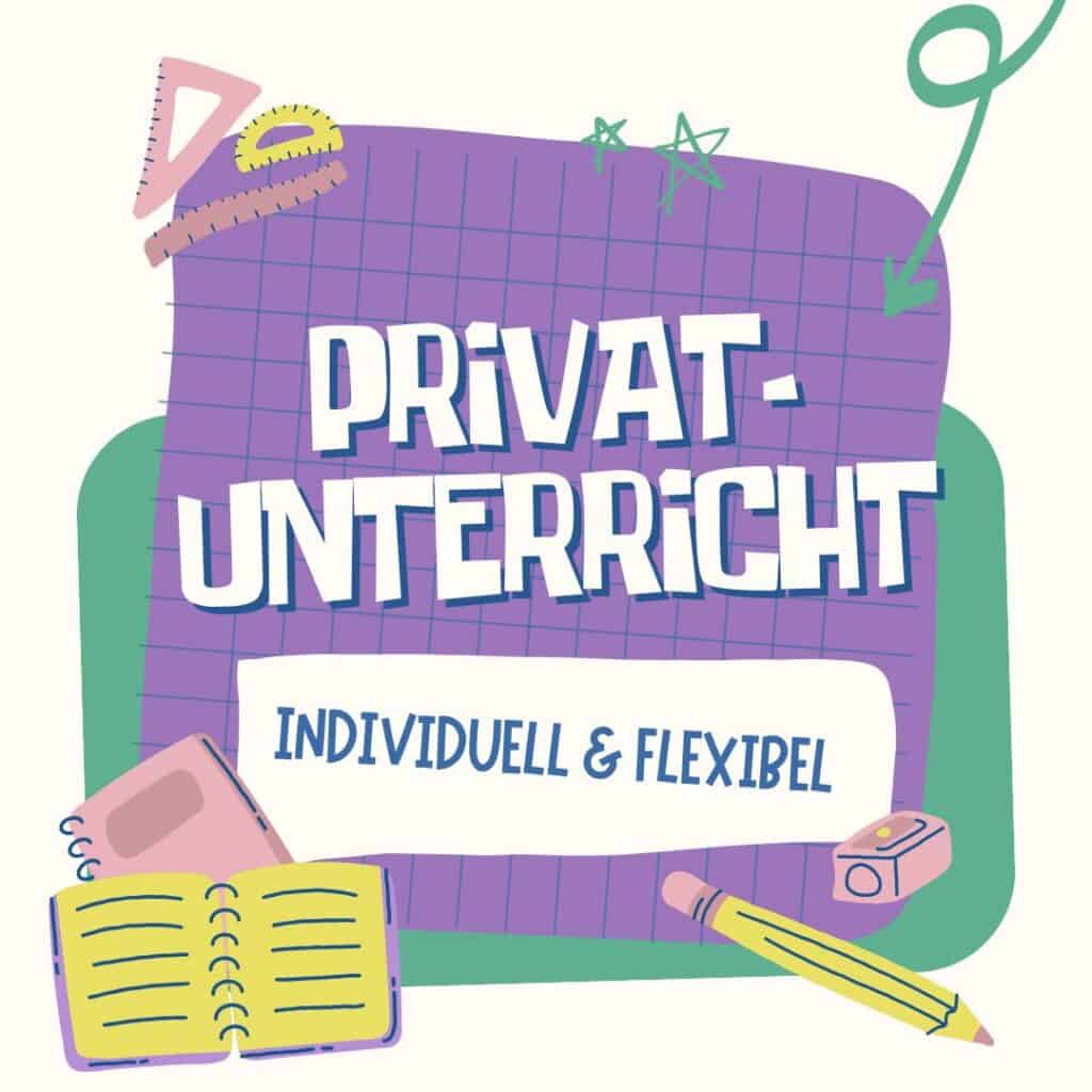 Illustration mit deutschem Text "Privatunterricht: Individuell & Flexibel" auf einem lilafarbenen Gitterhintergrund, umgeben von Schreibwaren wie einem Notizbuch, Bleistift, Radiergummi und Linealen Hervorhebung von individuell und flexibel lernen.