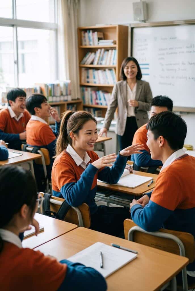 Schüler in passenden Uniformen interagieren und lächeln in einem Klassenzimmer, während ein Lehrer an der Tafel steht, beobachtet und lächelt. Im Hintergrund sind Bücherregale und Fenster zu sehen.